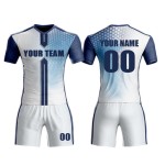 Custom sublimation white-navy football jerseys – children’s kit with custom names, dye-sublimation technology