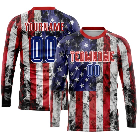 Wholesale men’s 100% polyester football kits – custom name and long-sleeve sublimation design, French style