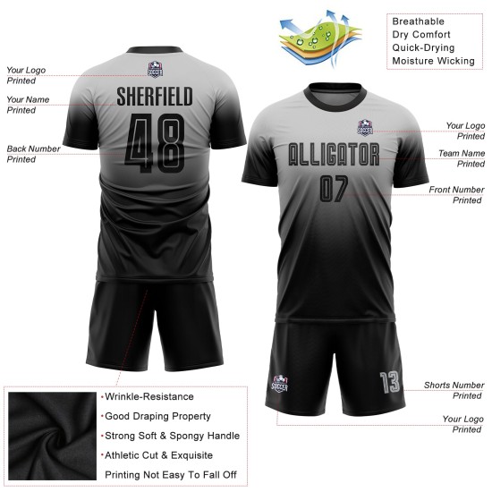 Black Jersey Sublimation Soccer Fade Fashion Custom Uniform Gray